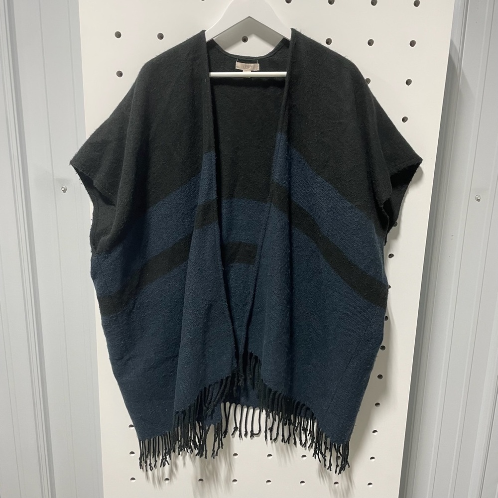 Loft Black & Navy Fringe Wrap/Poncho